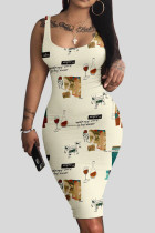 Абрикосовое повседневное платье с принтом в стиле пэчворк и U-образным вырезом Платья Платья