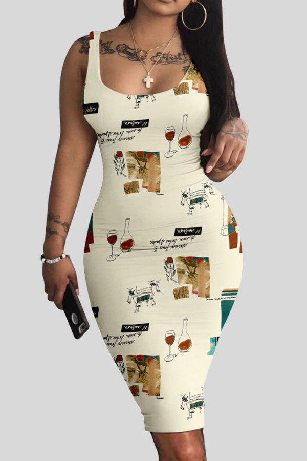 Abrikoos casual print patchwork u-hals vest jurk jurken