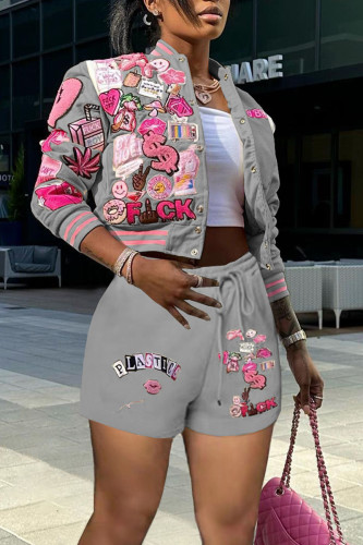 Grey Casual Print Patchwork Buckle Long Sleeve Two Pieces