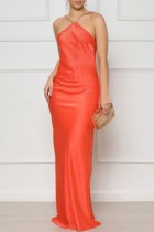 Tangerine Red Sexy Solid Backless V Neck Long Dress Dresses