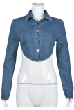Blue Sexy Solid Backless Turndown Collar Long Sleeve Skinny Cropped Denim Jacket