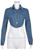 Blauw sexy effen rugloze turndown kraag skinny spijkerjack met lange mouwen