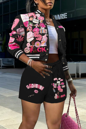 Black Casual Print Patchwork Buckle Long Sleeve Two Pieces