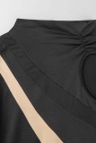 Vestidos pretos sexy patchwork transparentes com decote em O e manga comprida