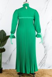 グリーン カジュアル ソリッド パッチワーク フォールド リボン カラー ストレート ドレス