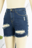 Blu scuro sexy da strada solido strappato crea vecchi pantaloncini di jeans a vita alta patchwork