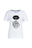 Marineblauwe Street Skull Lips bedrukte patchwork T-shirts met ronde hals