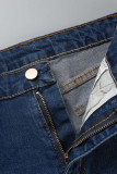 Pantalones cortos de mezclilla de cintura alta de calle sexy rasgado sólido azul oscuro