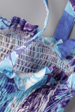 Blue Sweet Print Bandage Patchwork Spaghetti Strap Sling Dress Jurken