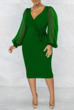 Vestidos de saia única com decote em V e decote em V verde casual liso