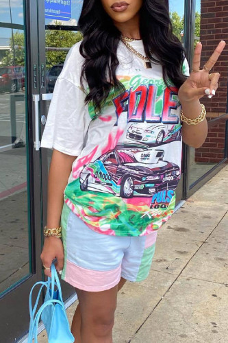 White Casual Street Print Patchwork O Neck Short Sleeve Two Pieces
