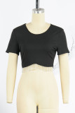 Black Casual Solid Tassel Patchwork Pearl O Neck T-Shirts