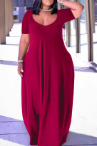 ブルゴーニュファッションカジュアルプラスサイズソリッドパッチワークVネック半袖ドレス