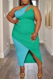 Green Sexy Solid Patchwork Slit Contrast Oblique Collar Sleeveless Dress Plus Size Dresses
