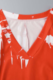 Rotes, lässig bedrucktes Patchwork-Kleid mit V-Ausschnitt und bedrucktem Kleid in Übergröße