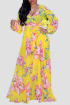Yellow Chiffon Fashion Sexy adult Ma'am V Neck Floral Print Floral Plus Size
