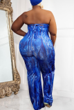 Blauwe sexy print patchwork strapless plus size jumpsuits