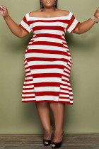 Красное повседневное полосатое платье в стиле пэчворк с открытыми плечами и коротким рукавом Платья больших размеров