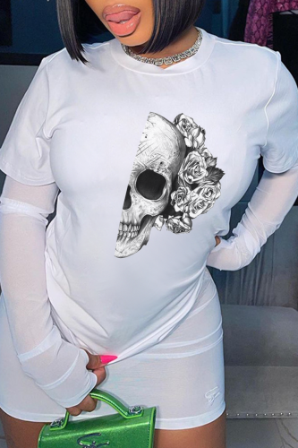 Witte T-shirts met vintage print en schedel O-hals