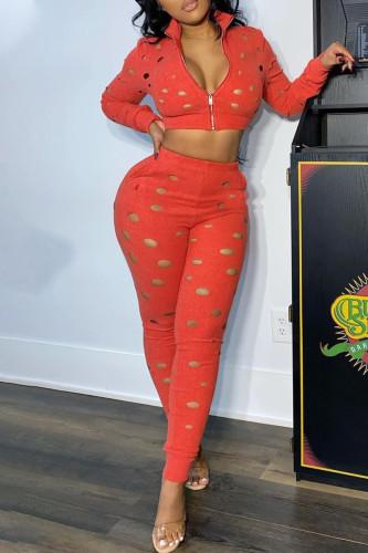 Tangerine Red Sexy Street Solid Hollowed Out Patchwork Zipper Collar Long Sleeve Two Pieces