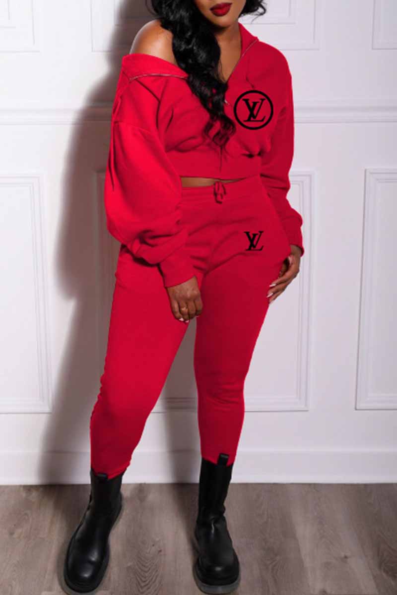 

Red Sportswear Print Letter Hooded Collar Long Sleeve Two Pieces