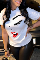 White Sweet Daily Lips Printed Patchwork O Neck T-Shirts