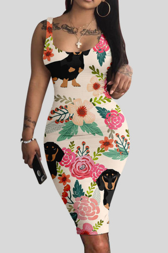 Cream White Casual Print Patchwork U Neck Vest Dress Dresses