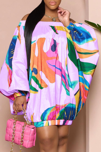 Purple Casual Print Patchwork Off the Shoulder Straight Dresses
