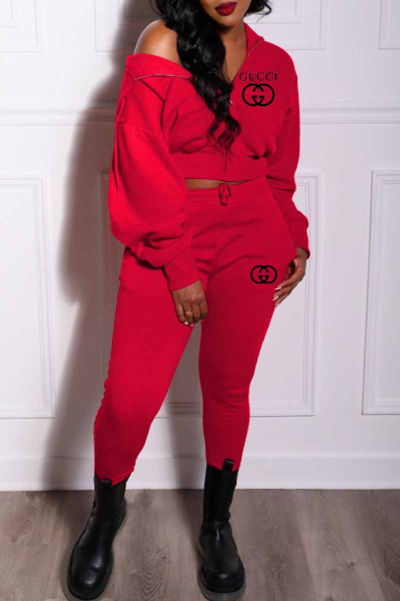 

Red Sportswear Print Letter Hooded Collar Long Sleeve Two Pieces