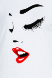 White Sweet Daily Lips Printed Patchwork O Neck T-Shirts
