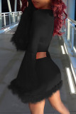 Black Sexy Solid Bandage Patchwork Feathers V Neck Long Sleeve Two Pieces