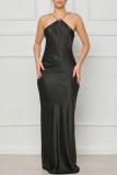 Svarta sexiga solid rygglös V-hals långa klänningar