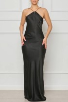 Черное сексуальное однотонное длинное платье с открытой спиной и V-образным вырезом Платья