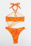 Orange Sexy Print Bandage Hollowed Out Backless Asymmetrical Swimwears (With Paddings)