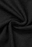 Camisetas pretas casuais com borla sólida patchwork pérola com decote em O