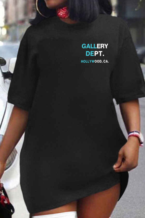 Schwarzes, lässiges Street-Print-Patchwork-T-Shirt-Kleid mit O-Ausschnitt