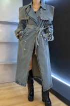 Gray Blue Casual Solid Patchwork Long Sleeve Regular Double Breasted Lace Up Denim Trench Coat Denim Jacket