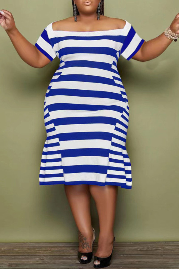 Blauwe casual gestreepte print patchwork off-shoulder jurk met korte mouwen Grote maten jurken