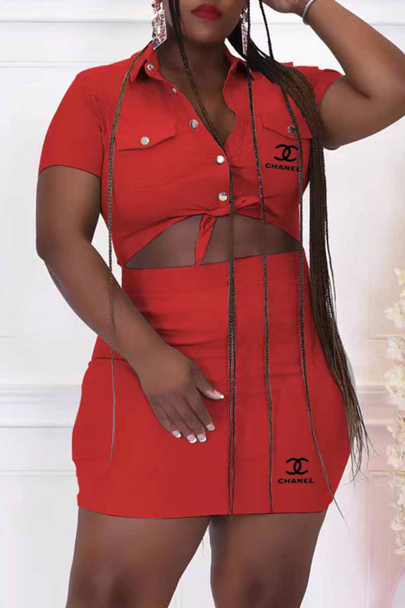 

Red Casual Print Letter Turndown Collar Plus Size Two Pieces