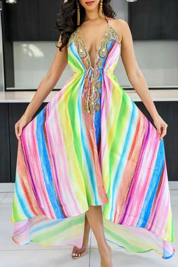 Color Sexy Vacation Print Patchwork Backless Halter A Line Robes