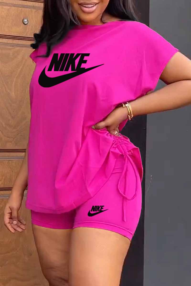 

Rose Red Casual Print Draw String Letter O Neck Short Sleeve Two Pieces
