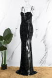 黒のセクシーな固体スパンコール パッチワーク スリット スパゲッティ ストラップ イブニング ドレス ドレス