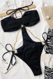 Черный сексуальный однотонный купальник в стиле пэчворк с цепочками и открытой спиной (с прокладками)