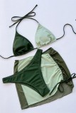 Зеленый сексуальный лоскутный твердый бандажный контрастный купальник с открытой спиной из трех частей (с прокладками)