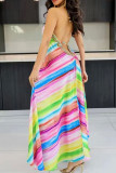 Color sexy estampado de vacaciones patchwork sin espalda halter una línea de vestidos