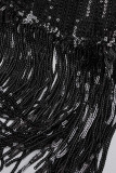Zwarte Sexy Effen Kwastje Uitgeholde Pailletten Patchwork Asymmetrische Avondjurkjurken