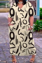 Абрикосовое повседневное принт Базовое платье с V-образным вырезом и короткими рукавами Платья