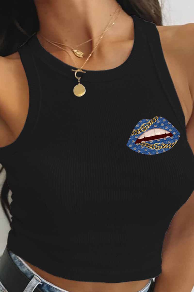 

Black Sexy Print Letter O Neck Tops