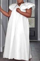 ホワイト カジュアル ソリッド パッチワーク Vネック ロングドレス プラスサイズドレス
