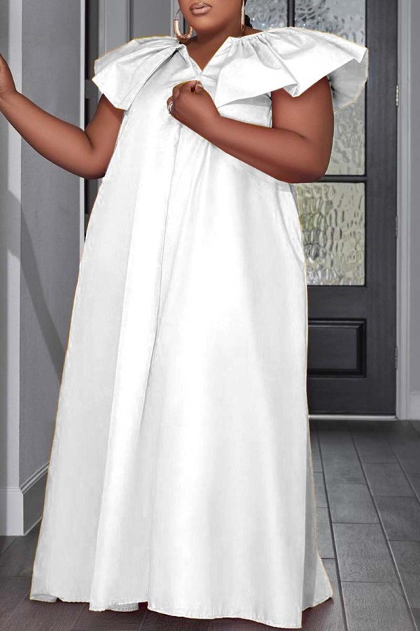 Witte casual effen patchwork lange jurk met V-hals Grote maten jurken